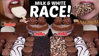 ASMR MILK amp WHITE CHOCOLATE RACE NUTELLA FERRERO CAKE MAGNUM ICE CREAM ZEBRA CAKE OREO REESES [upl. by Ataymik]