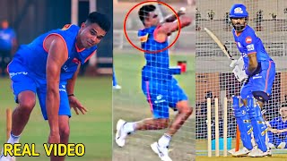 Arjun Tendulkar first Time Bowling Hardik Pandya in MI practice session IPL 2024 155 KM Bowling [upl. by Neenwahs842]