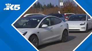 Long lines at electric vehicle charging stations after Washington bomb cyclone [upl. by Bendicta520]