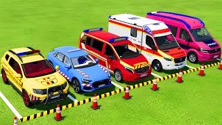 DACIA AUDI VOLKSWAGEN POLICE CARS amp MERCEDES AMBULANCE EMERGENCY VEHICLES TRANSPORTING  FS22 [upl. by Aniral]