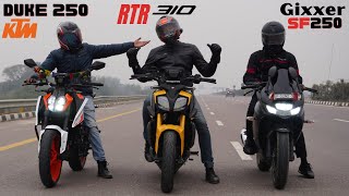 Apache RTR 310 vs KTM Duke 250 vs Suzuki Gixxer SF 250 Drag Race [upl. by Nnairrehs]