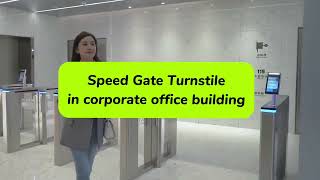 STXtek Speed Gate Turnstiles in Corporate Office Building fastgate speedgate turnstilegate [upl. by Nilak342]