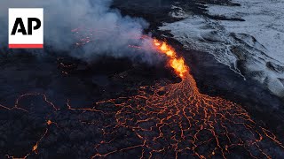 Drone footage of Iceland volcano eruption shows spectacular lava flow [upl. by Macrae458]