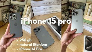 iPhone 15 Pro aesthetic unboxing ✿ natural titanium cute silicone cases comparing iPhone 14 pro [upl. by Idyak506]