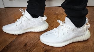 Adidas YEEZY 350 V2 Triple WhiteCream  Unboxing Review amp On Feet [upl. by Remsen]