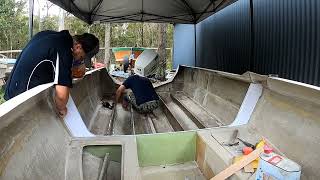 17ft Fiberglass Boat Rebuild Cabin to Centre Console Episode 3 Glassing in stringers [upl. by Ahseyt]