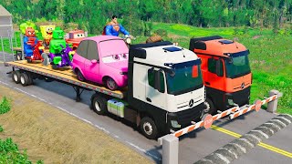 Flatbed Trailer Truck Potholes Transport Car Portal Trap Rescue  Cars vs Speed Bumps  BeamNGdrive [upl. by Marmawke374]