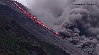 Italys Stromboli volcano erupts lava flows down into sea [upl. by Ayotak420]