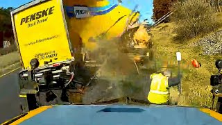 VIDEO New York truck driver nearly hits road worker before crashing into his equipment [upl. by Zoltai]