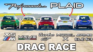 The Worlds Quickest SUVs DRAG RACE New Urus PERF v Model X PLAID v X5M v Turbo GT v GLE 63 S [upl. by Latrell]