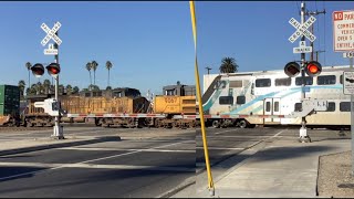 TRAINMEET AND EX SP UNIT Railroad Crossing  Center Street Highgrove CA [upl. by Knowling]