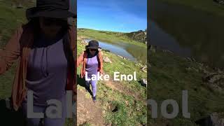 Amazing view of Lake Enol mountain day hike lake blue sky green grass fresh air sunny [upl. by Eatnhoj]