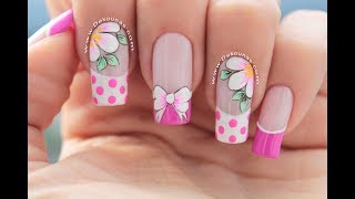 Diseño de uñas Moño y flores  Bow and flowers nails [upl. by Gabriell]