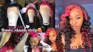 HOW TO  HOT PINK ROOTS SKUNK STRIP 💗 Detailed Wig install Wand curls ft Eullair Hair [upl. by Austreng690]