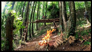 SOLO Two Days CAMPING  BUSHCRAFT Camp  Build Survival Raised CABIN  Off Grid SHELTER  Diy  Asmr [upl. by Nnyluqcaj406]