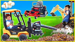 Landscaping compilation with kids ride on tractor lawn mower forklift excavator and tow truck [upl. by Pettiford]