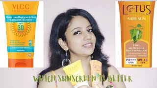 Lotus sunscreen vs vlcc sunscreen  which one is better Review and comparison bw lotus and vlcc [upl. by Nahsrad997]