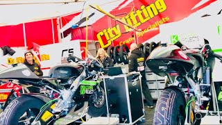 MOTORCYCLE RACE PREPARATION at BSB SuperBike Weekend a WALKTHROUGH Pit Garages at DONINGTON PARK [upl. by Jennifer]