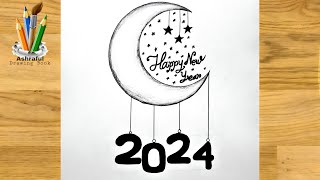 How to draw happy new year card 2024 with pencil  Easy drawing moonlight scenery [upl. by Louis]