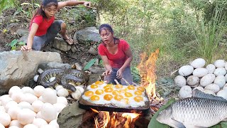 Yummy Egg grilled on the rock for lunch Fish and egg burned underground for dinner Top 5 video [upl. by Ydoj]