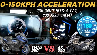 Yamaha TMAX 560 🆚️ KYMCO AK550  0150kph Acceleration  Top Speed Attempt  Pros amp Cons 🔥🔥 [upl. by Gerladina]