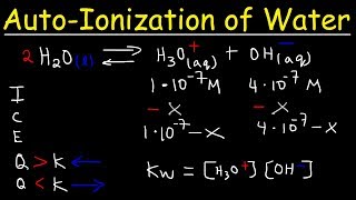 AutoIonization of Water Ion Product Constant  Kw Calculating H3O OH and pH Using Ice Tables [upl. by Ahseenal]