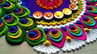 1077 Easy and Unique Peacock rangoli designs for diwali 2020 by Jyoti [upl. by Ecire587]