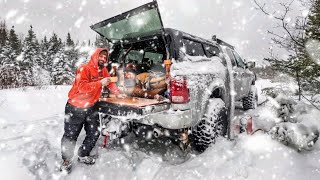 Camping In Snow Storm With Wood Stove Heated Truck Camper [upl. by Yorled]