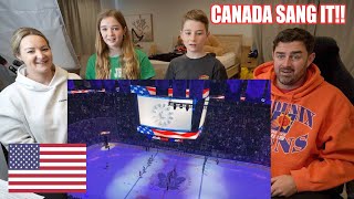 New Zealand Family Reacts to CANADIANS singing the AMERICAN National Anthem after the mic cuts out [upl. by Ahtanoj]