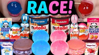 ASMR BLUE VS PINK DESSERT RACE NUTELLA CUPS BIG BOBA JELLY BALLS KINDER JOY EGG ICE CREAM CUP 먹방 [upl. by Meagan]