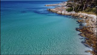 Binalong Bay Tasmania  Bay of Fires  Clear water and orangeyred rocks around  drone footage [upl. by Shirline]