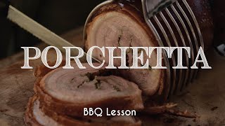 PORCHETTA AL BARBECUE  Larte della porchettatura ricetta completa [upl. by Hanala]