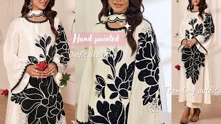 Hand painted outfit designingPakistani style kurti cutting amp stitchingHand painted dress designing [upl. by Eulalia903]