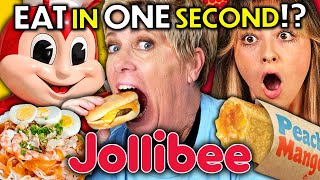 Eat In One Second  Jollibee Chicken Joy Yumburger Peach Mango Pie  People vs Food [upl. by Christiansen483]