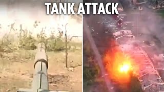 Ukrainian tank finds Russian hideout and blows warehouse to bits with close range blast [upl. by Denni]