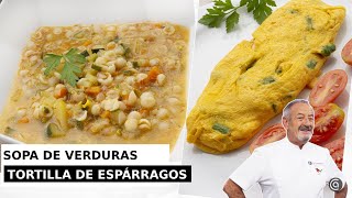 Sopa de verduras con pasta  Tortilla de espárragos y gambas  Karlos Arguiñano [upl. by Morell]