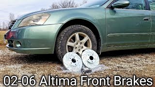 0206 Nissan Altima Front Brakes Detailed Pads amp Rotors How To Replace Removal amp Install [upl. by Ibrab348]