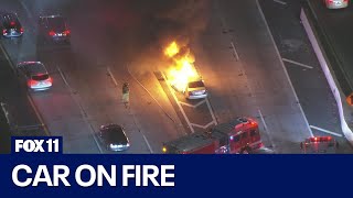 Car explodes on 10 Freeway near downtown LA [upl. by Dinnie]