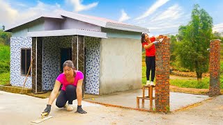 Strong girl build kitchen house concrete floor strips and build pillars with bricks [upl. by Ilyssa]