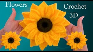 Como hacer girasoles en 3D a Crochet en punto tunecino tejido tallermanualperu [upl. by Devinna]