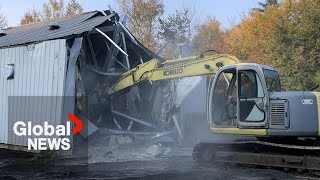 Roxham Road RCMP demolish last building at unofficial migrant crossing in Quebec [upl. by Aicertal]