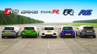 RS 3 v A45 AMG v Civic Type R v Golf R v Focus RS  DRAG amp ROLLING RACE  HeadtoHead [upl. by Atorod]