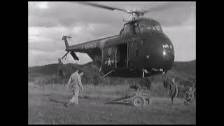 US Marine Corps HRS1s Sikorsky S55 carrying rocket launchers in Korea 1952 [upl. by Aneelehs]