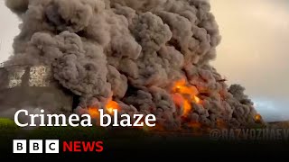 Ukraine war Crimea oil tank set ablaze by reported drone strike – BBC News [upl. by Lyndsie]