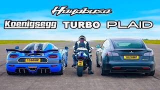 Koenigsegg v Tesla Plaid v Turbo Hayabusa DRAG RACE [upl. by Iseabal164]