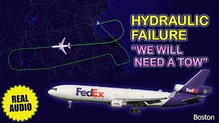 Hydraulic failure FedEx MD11 stops on the runway after landing at Boston Logan Airport Real ATC [upl. by Norga]