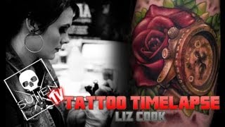 Tattoo Time Lapse  Liz Cook  Tattoos Color Rose and Timepiece [upl. by Treborsemaj769]