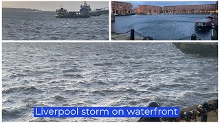 liverpool storm with big waves at liverpool waterfront ferry struggling to leave dock [upl. by Alleb624]