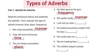 Types of Adverbs Time Place Frequency Manner  Learn to identify and practice types of Adverbs [upl. by Delbert]