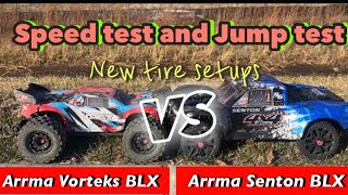 Arrma Vorteks BLX 3s VS Arrma Senton BLX 3sSpeed and Jump testDifferent TiresWho is faster [upl. by Assej587]